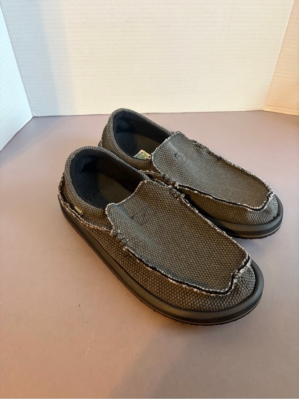 Sanuk Men’s Charcoal Canvas Slip-On Boat Shoes
